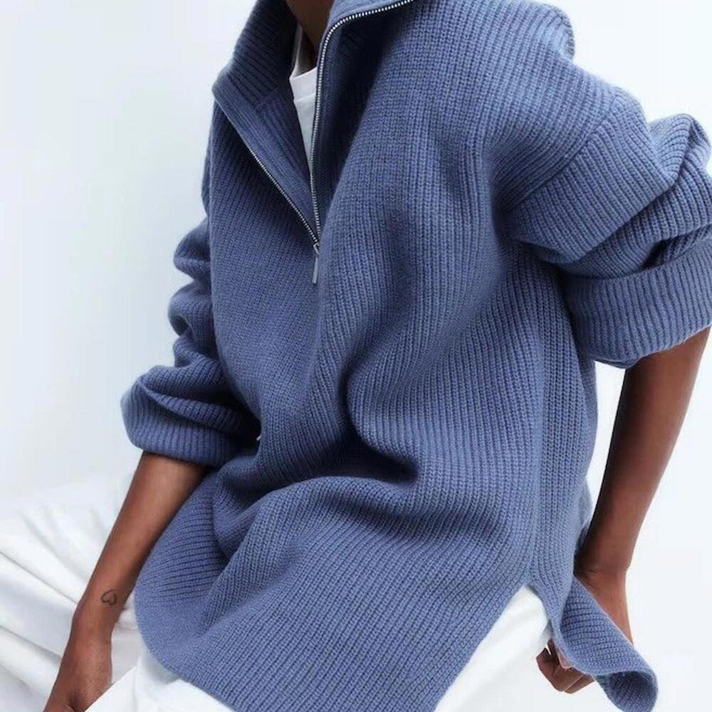 H&M Women Small Pigeon Blue Half Zip Rib Knit Sweater Wool Blend Relaxed Fit NWT - Picture 3 of 15